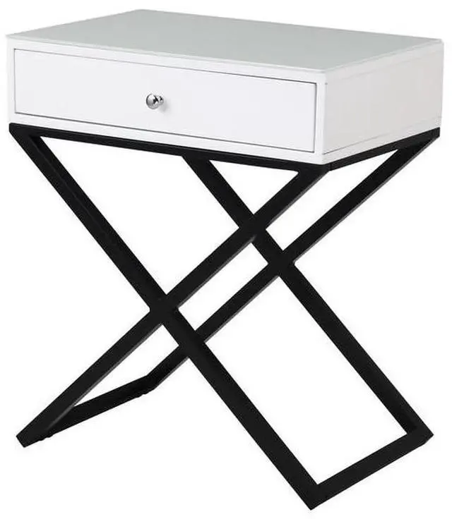 Alt view image 2 of 6 - Koda 23" White Wooden End Side Table Nightstand with Glass Top, Drawer and Metal Cross Base