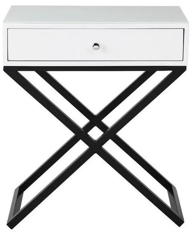 Alt view image 3 of 6 - Koda 23" White Wooden End Side Table Nightstand with Glass Top, Drawer and Metal Cross Base