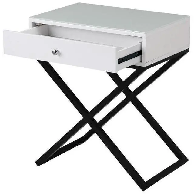 Alt view image 5 of 6 - Koda 23" White Wooden End Side Table Nightstand with Glass Top, Drawer and Metal Cross Base