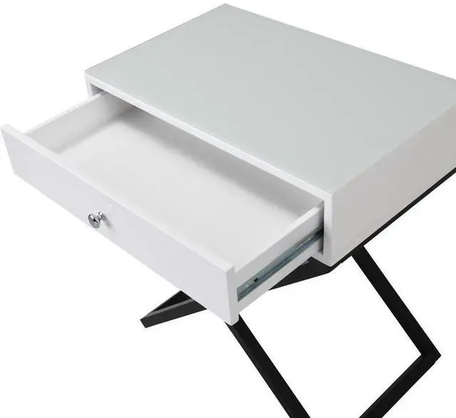 Alt view image 6 of 6 - Koda 23" White Wooden End Side Table Nightstand with Glass Top, Drawer and Metal Cross Base