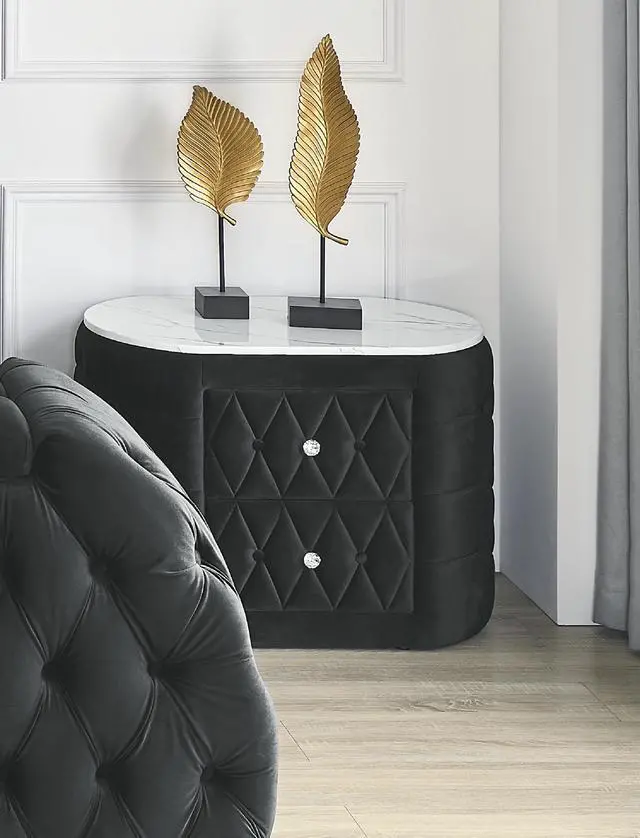 Alt view image 2 of 6 - 1pc Oval Faux Marble Top Nightstand 2- Drawers Storage Black Finish Button Tufted Faux Crystal Tufted