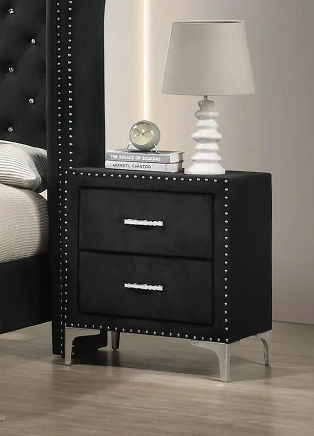 Alt view image 2 of 6 - 1pc Glam Style Two Drawers Nightstand Fabric Upholstered Nailhead Tufted Tempered Glass Wood Metal Fabric Bedroom Furniture