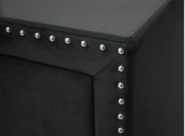 Alt view image 4 of 6 - 1pc Glam Style Two Drawers Nightstand Fabric Upholstered Nailhead Tufted Tempered Glass Wood Metal Fabric Bedroom Furniture