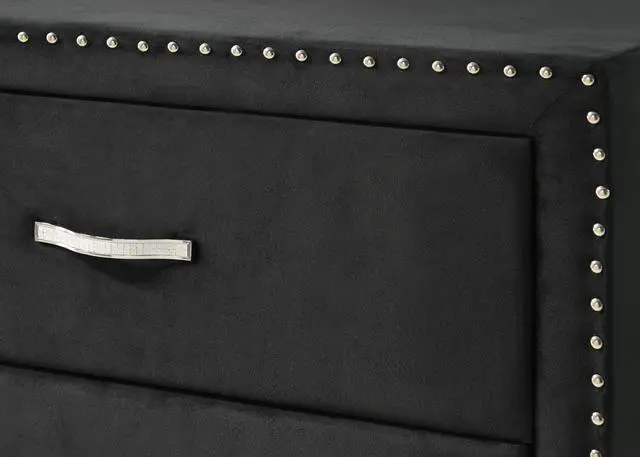 Alt view image 3 of 6 - 1pc Glam Style Two Drawers Nightstand Fabric Upholstered Nailhead Tufted Tempered Glass Wood Metal Fabric Bedroom Furniture