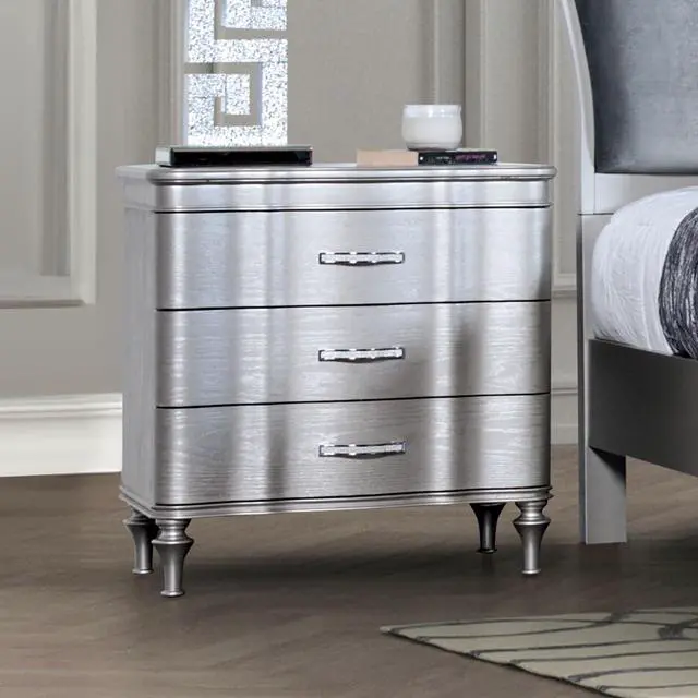 Main image of Glam Stylish Modern Silver 1pc Nightstand Solidwood Turned Wood Leg Curved Front Panels Bedroom Furniture Bedside