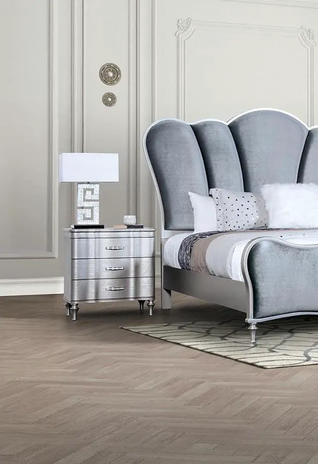 Alt view image 5 of 7 - Glam Stylish Modern Silver 1pc Nightstand Solidwood Turned Wood Leg Curved Front Panels Bedroom Furniture Bedside