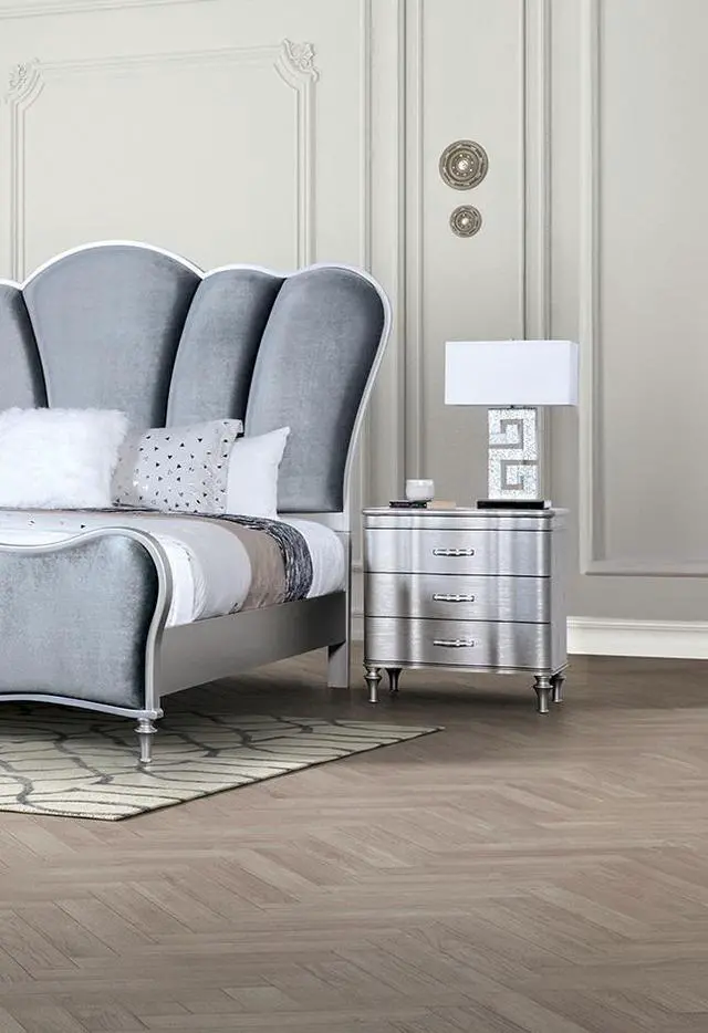 Alt view image 7 of 7 - Glam Stylish Modern Silver 1pc Nightstand Solidwood Turned Wood Leg Curved Front Panels Bedroom Furniture Bedside