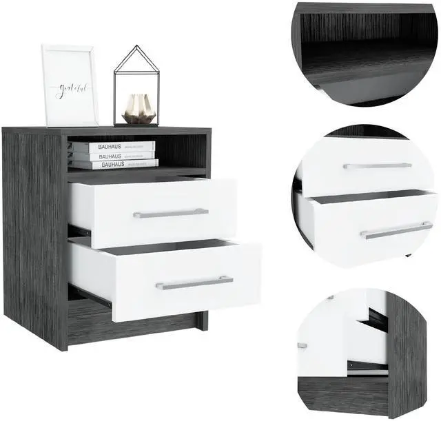 Alt view image 3 of 7 - Eter Nightstand , End Table, Side Table Superior Top, Two Drawers -Smokey Oak / White