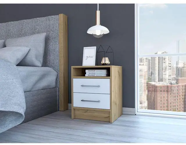 Main image of Eter Nightstand , End Table, Side Table Superior Top, Two Drawers -White / Light Oak