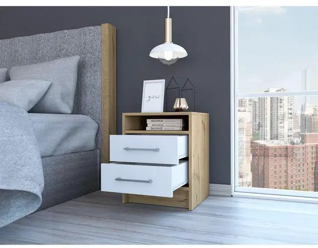 Alt view image 5 of 7 - Eter Nightstand , End Table, Side Table Superior Top, Two Drawers -White / Light Oak