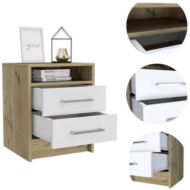 Alt view image 3 of 7 - Eter Nightstand , End Table, Side Table Superior Top, Two Drawers -White / Light Oak