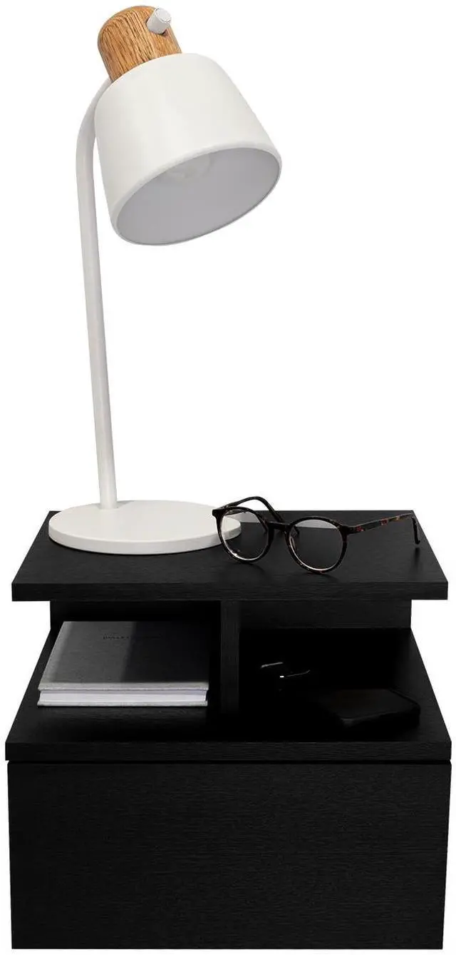 Alt view image 5 of 7 - Adele Floating Nightstand , End Table, Side Table Drawer, Open Top Shelves -Black