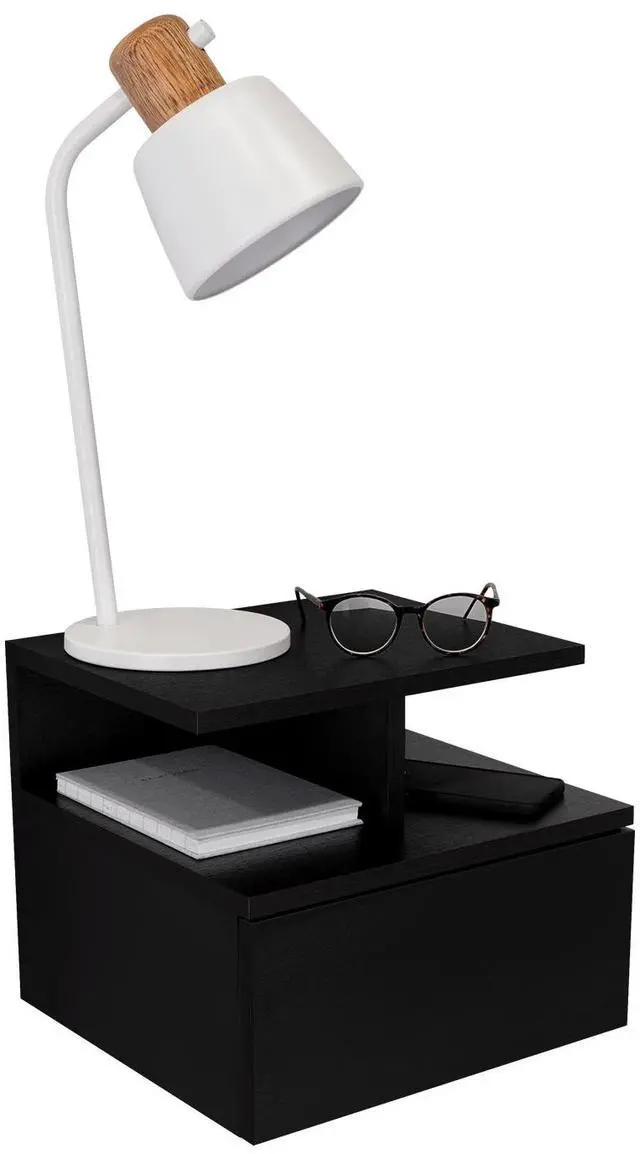 Alt view image 6 of 7 - Adele Floating Nightstand , End Table, Side Table Drawer, Open Top Shelves -Black