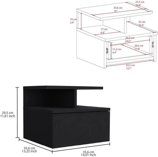 Alt view image 3 of 7 - Adele Floating Nightstand , End Table, Side Table Drawer, Open Top Shelves -Black