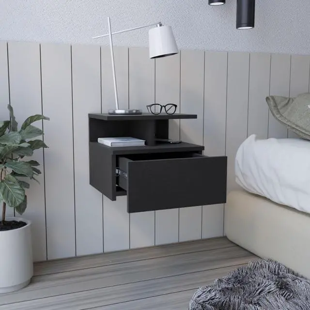 Alt view image 4 of 7 - Adele Floating Nightstand , End Table, Side Table Drawer, Open Top Shelves -Black