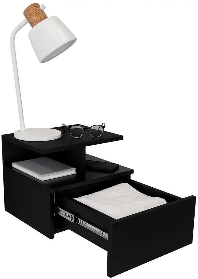 Alt view image 7 of 7 - Adele Floating Nightstand , End Table, Side Table Drawer, Open Top Shelves -Black