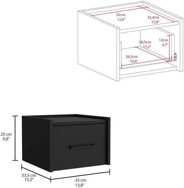 Alt view image 3 of 5 - Boa Floating Nightstand , End Table, Side Table Wall-Mounted Single Drawer Design with Handle- Black - Bedroom