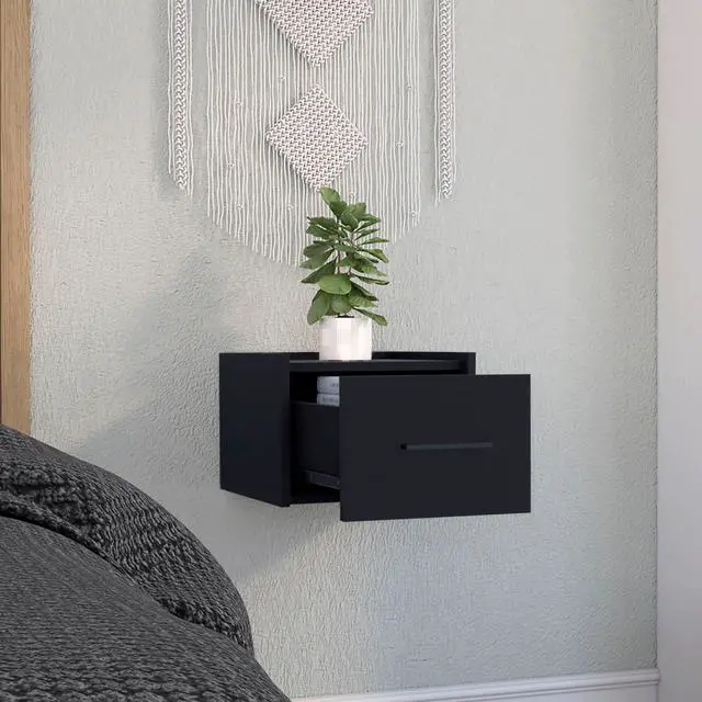 Alt view image 4 of 5 - Boa Floating Nightstand , End Table, Side Table Wall-Mounted Single Drawer Design with Handle- Black - Bedroom