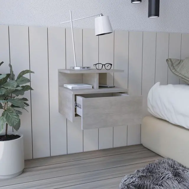 Alt view image 4 of 7 - Adele Floating Nightstand with Drawer and Open Storage Shelves