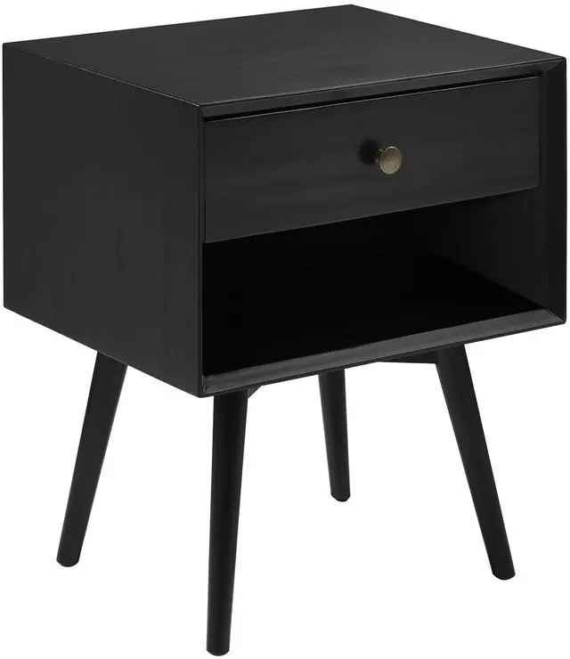 Main image of Mid-Century Modern Single-Drawer Solid Wood Nightstand - Black