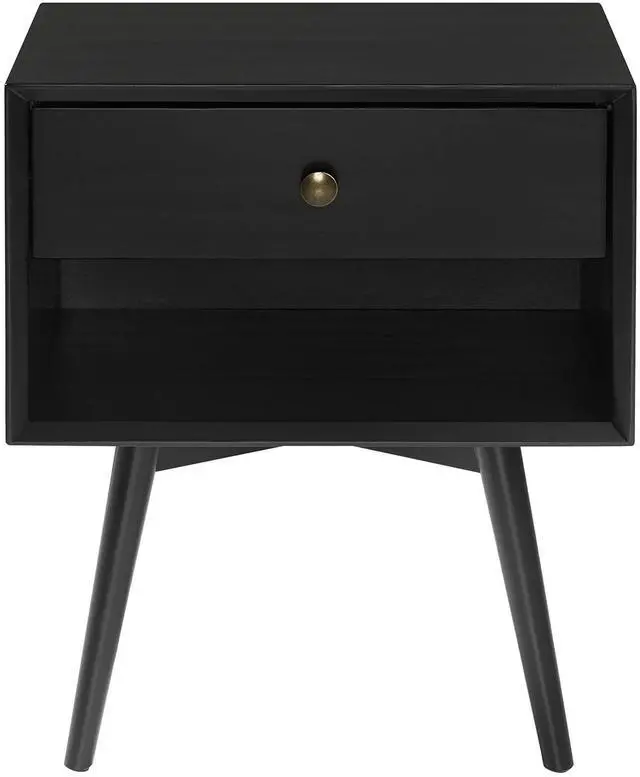 Alt view image 2 of 6 - Mid-Century Modern Single-Drawer Solid Wood Nightstand - Black