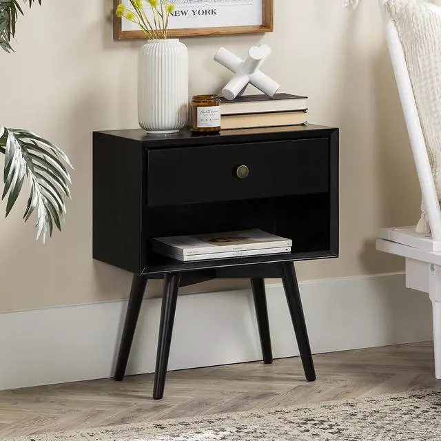 Alt view image 3 of 6 - Mid-Century Modern Single-Drawer Solid Wood Nightstand - Black