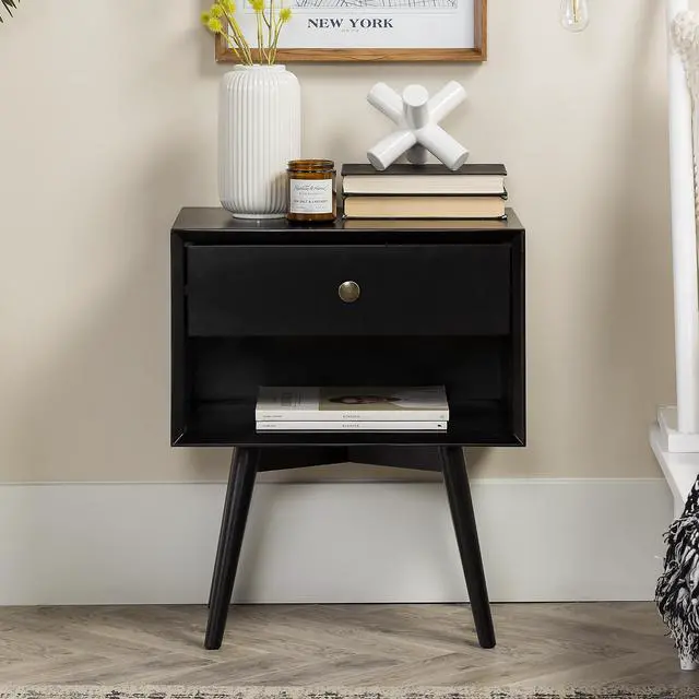 Alt view image 4 of 6 - Mid-Century Modern Single-Drawer Solid Wood Nightstand - Black