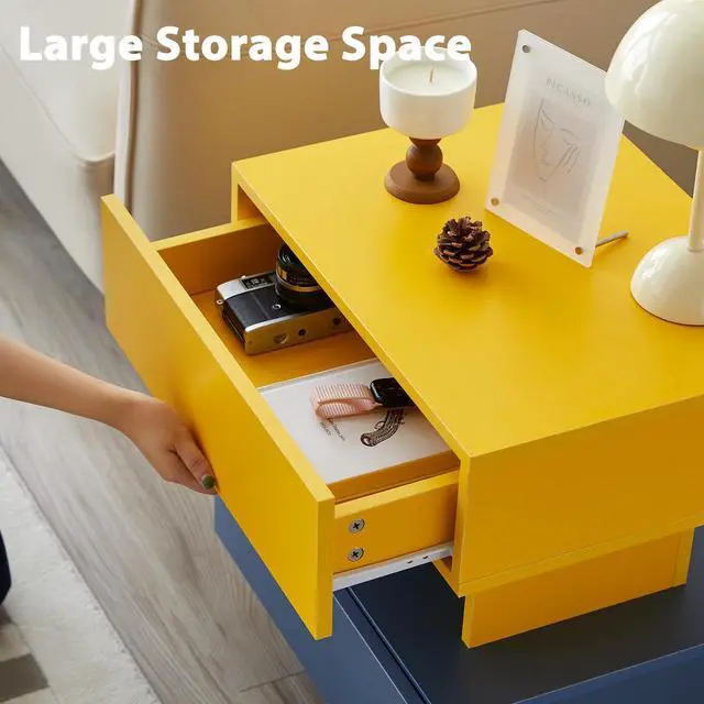 Alt view image 2 of 6 - Modern Nightstand End Side Table with Large Storage Space Bedside Table for Bedroom Living Room and Playroom Yellow & Blue