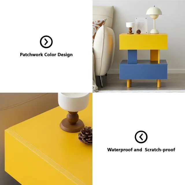 Alt view image 5 of 6 - Modern Nightstand End Side Table with Large Storage Space Bedside Table for Bedroom Living Room and Playroom Yellow & Blue