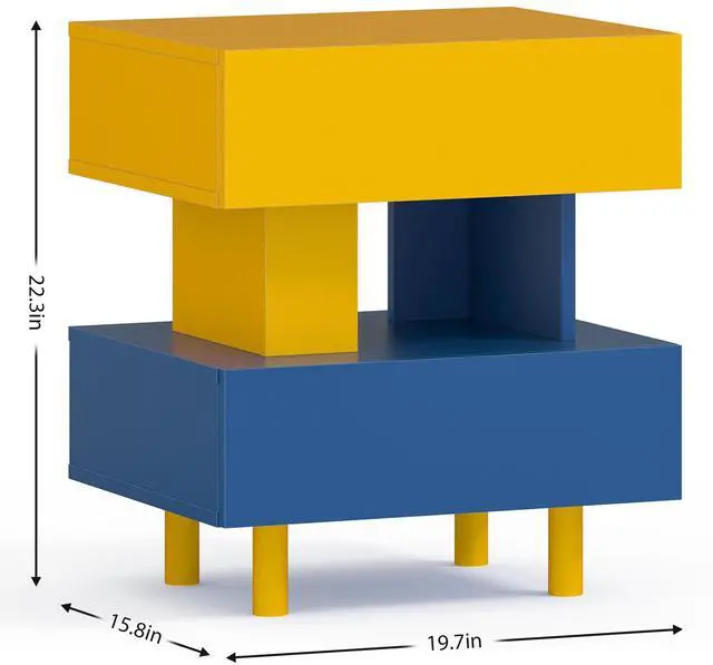 Alt view image 6 of 6 - Modern Nightstand End Side Table with Large Storage Space Bedside Table for Bedroom Living Room and Playroom Yellow & Blue