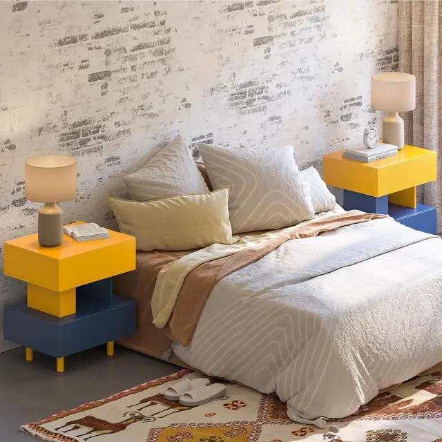 Alt view image 4 of 6 - Modern Nightstand End Side Table with Large Storage Space Bedside Table for Bedroom Living Room and Playroom Yellow & Blue