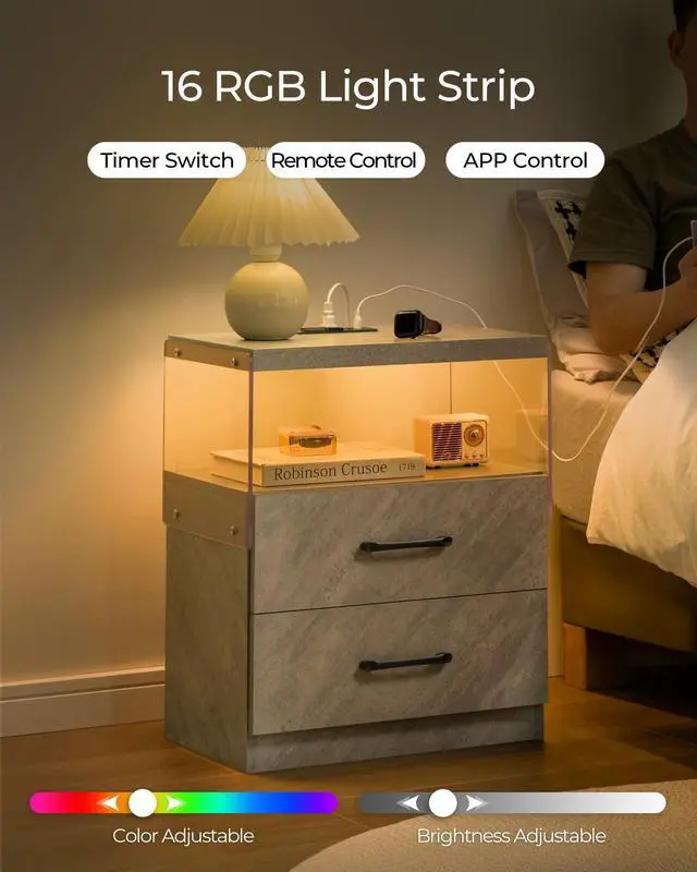 Alt view image 3 of 6 - Nightstand with LED Lights, Adjustable Light Colors, Bedside Table, Side Table with 2 Drawers,Grey