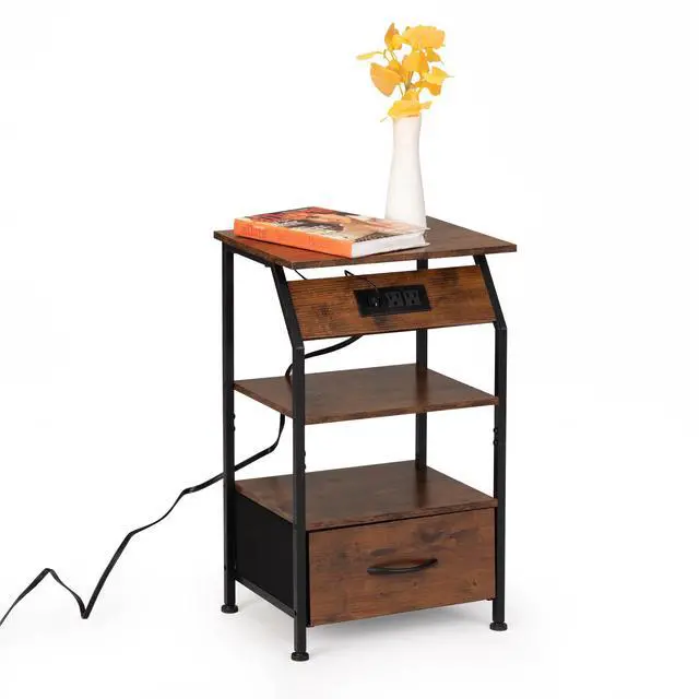 Main image of Rustic Nightstand, Bedside Table with Drawer and Shelves, USB Ports and Outlets, Remote Control, LED Lights, End Table for Bedroom Living Room, Office, Rustic Brown