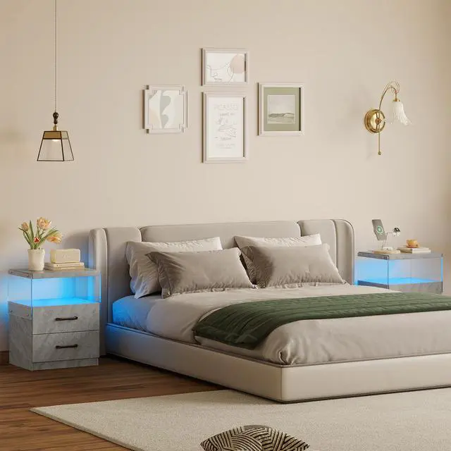 Alt view image 6 of 6 - Nightstand with LED Lights, Adjustable Light Colors, Bedside Table, Side Table with 2 Drawers,Grey