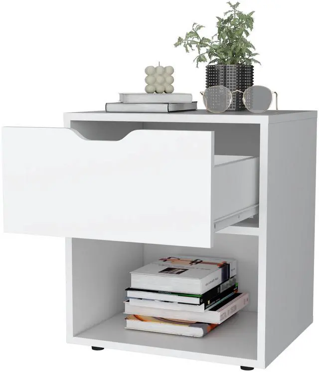 Alt view image 7 of 7 - FM FURNITURE Elliott Nightstand with Elegant Drawer and Open Shelf, White