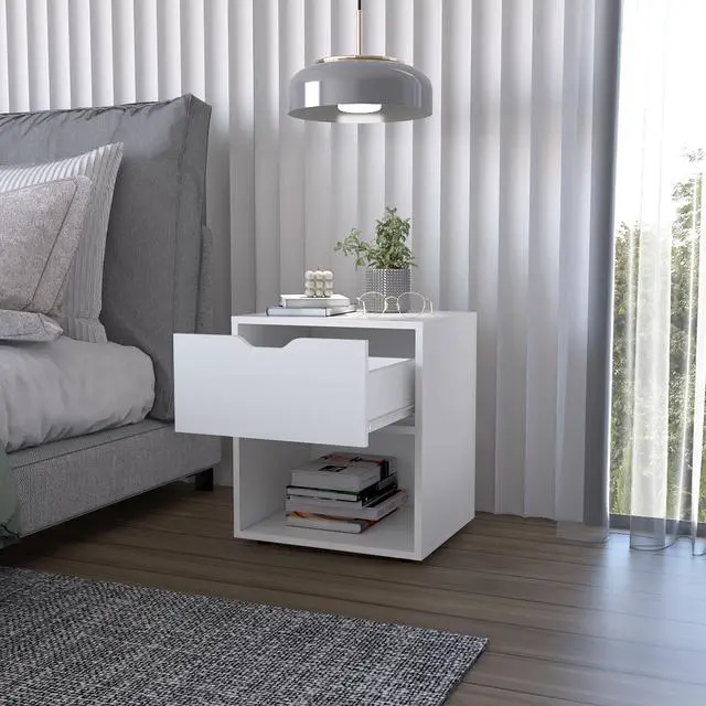 Alt view image 6 of 7 - FM FURNITURE Elliott Nightstand with Elegant Drawer and Open Shelf, White