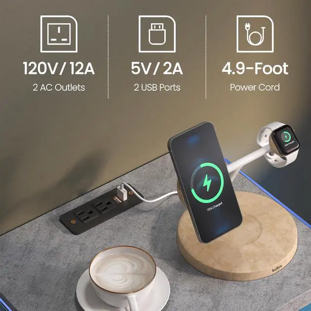 Alt view image 4 of 6 - Nightstand with LED Lights, Adjustable Light Colors, Bedside Table, Side Table with 2 Drawers,Grey