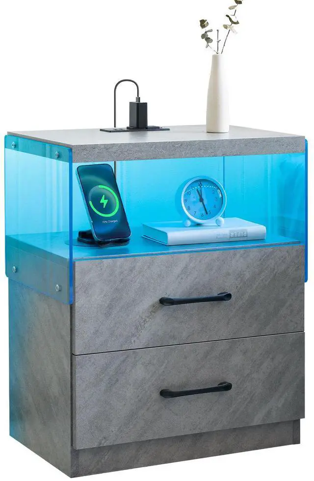 Main image of Nightstand with LED Lights, Adjustable Light Colors, Bedside Table, Side Table with 2 Drawers,Grey