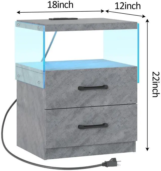 Alt view image 2 of 6 - Nightstand with LED Lights, Adjustable Light Colors, Bedside Table, Side Table with 2 Drawers,Grey