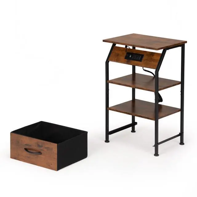 Alt view image 5 of 7 - Rustic Nightstand, Bedside Table with Drawer and Shelves, USB Ports and Outlets, Remote Control, LED Lights, End Table for Bedroom Living Room, Office, Rustic Brown