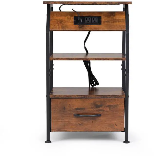 Alt view image 3 of 7 - Rustic Nightstand, Bedside Table with Drawer and Shelves, USB Ports and Outlets, Remote Control, LED Lights, End Table for Bedroom Living Room, Office, Rustic Brown