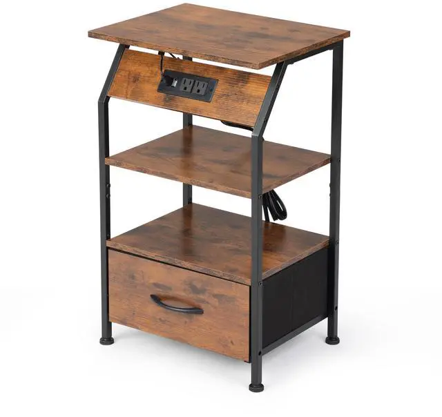 Alt view image 2 of 7 - Rustic Nightstand, Bedside Table with Drawer and Shelves, USB Ports and Outlets, Remote Control, LED Lights, End Table for Bedroom Living Room, Office, Rustic Brown