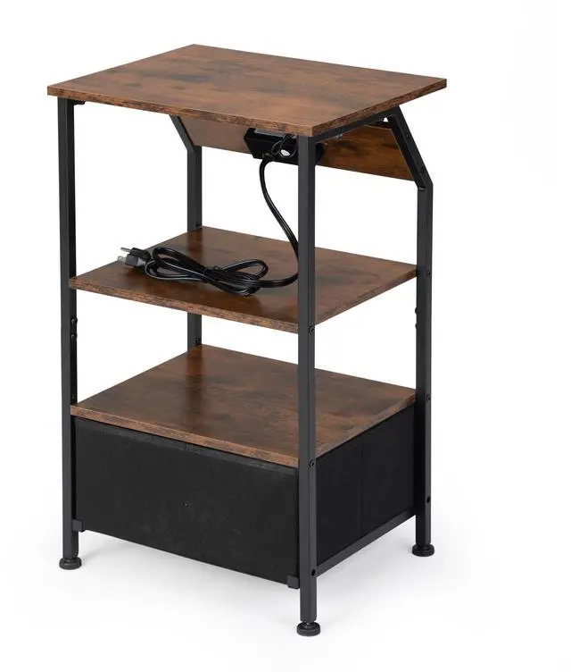 Alt view image 7 of 7 - Rustic Nightstand, Bedside Table with Drawer and Shelves, USB Ports and Outlets, Remote Control, LED Lights, End Table for Bedroom Living Room, Office, Rustic Brown