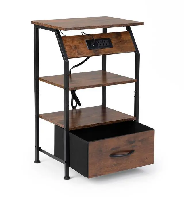 Alt view image 4 of 7 - Rustic Nightstand, Bedside Table with Drawer and Shelves, USB Ports and Outlets, Remote Control, LED Lights, End Table for Bedroom Living Room, Office, Rustic Brown