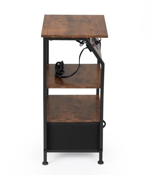 Alt view image 6 of 7 - Rustic Nightstand, Bedside Table with Drawer and Shelves, USB Ports and Outlets, Remote Control, LED Lights, End Table for Bedroom Living Room, Office, Rustic Brown