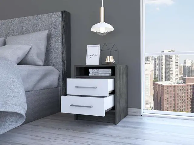 Alt view image 5 of 7 - Eter Nightstand , End Table, Side Table Superior Top, Two Drawers -Smokey Oak / White