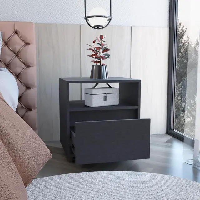 Alt view image 4 of 7 - Austin Nightstand , End Table, Side Table Casters, Single Drawer-Black