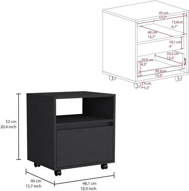 Alt view image 3 of 7 - Austin Nightstand , End Table, Side Table Casters, Single Drawer-Black