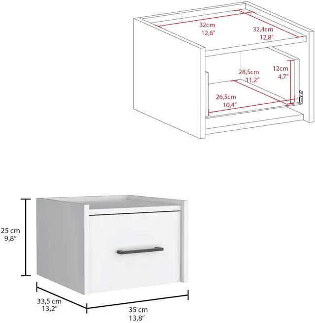 Alt view image 3 of 5 - Boa Floating Nightstand , End Table, Side Table Wall-Mounted Single Drawer Design with Handle- White - Bedroom