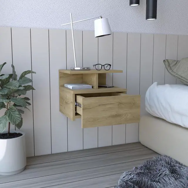 Alt view image 4 of 7 - Adele Floating Nightstand with Drawer and Open Storage Shelves